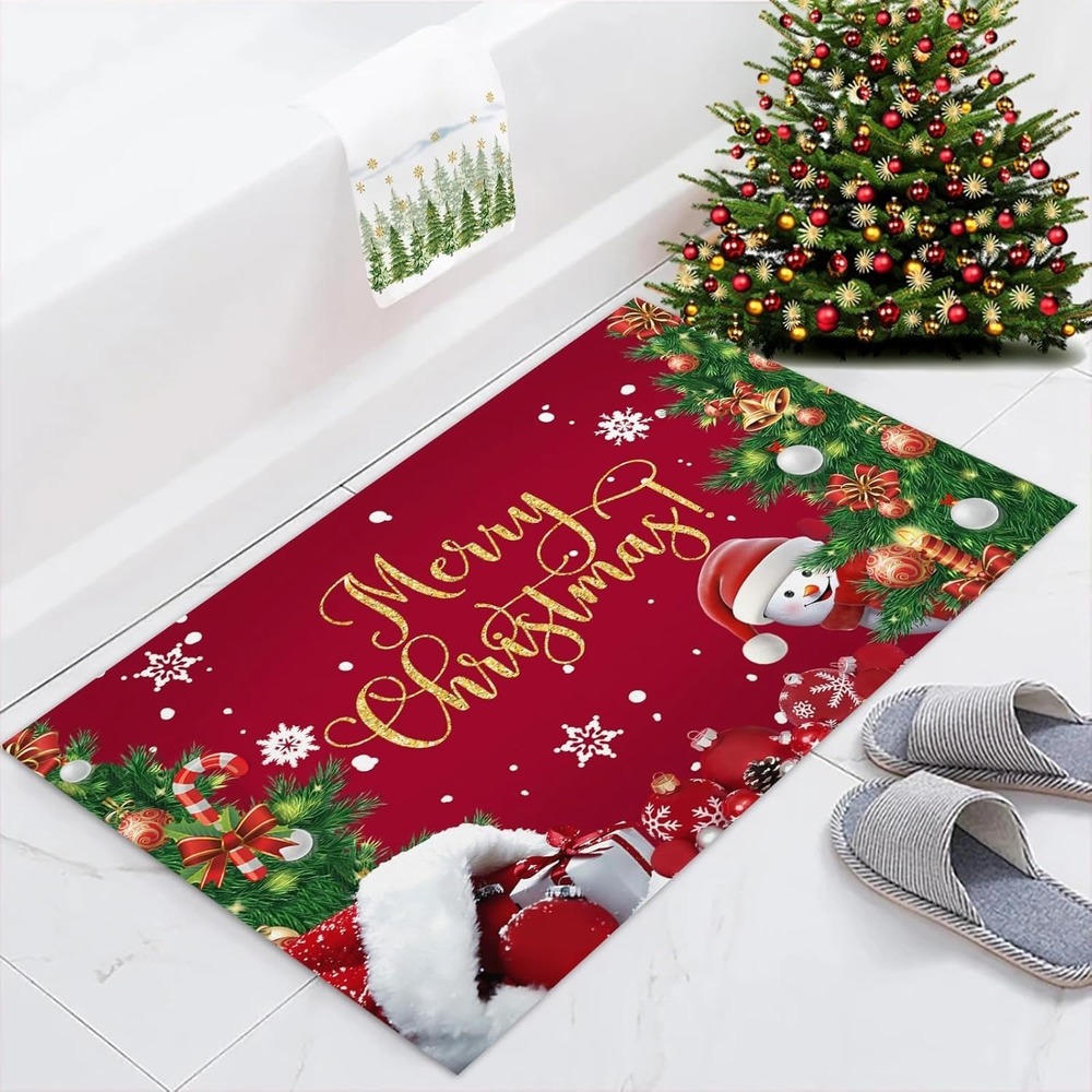 Merry Christmas Welcome Mat For Front Xmas Tree Snowman Ball Snowflake